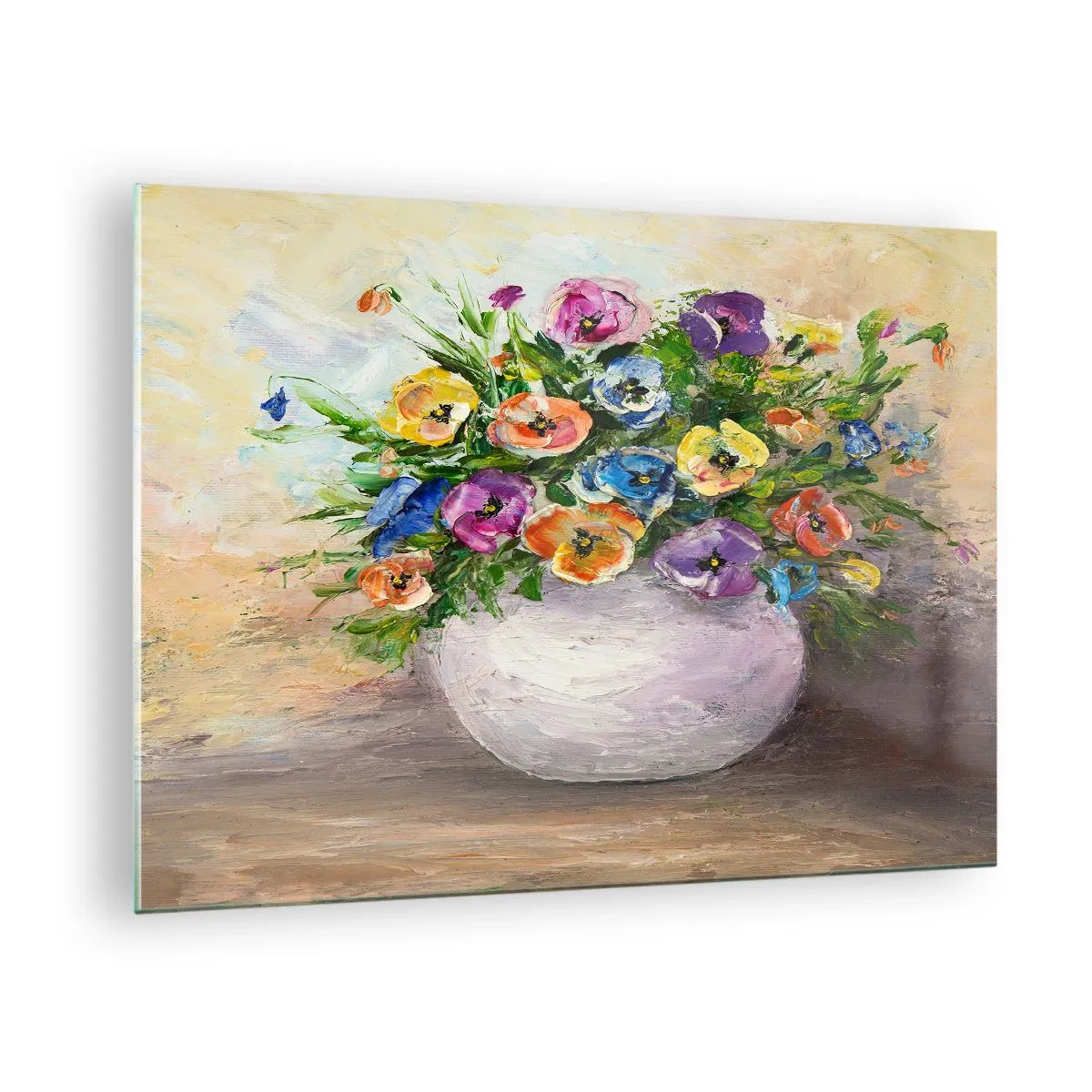 Obraz na skle - Kytice barevných květin v bílé váze - 70x50cm - Zátiší s bílou vázou - Moderní nástěnná dekorace do obývacího pokoje a ložnice ARTTOR