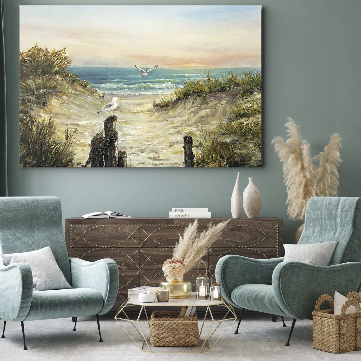 Obraz na plátně - Pobřeží s racky a dunami při západu slunce - 70x50cm - Bezvětří a samota - Moderní nástěnná dekorace do obývacího pokoje a ložnice ARTTOR