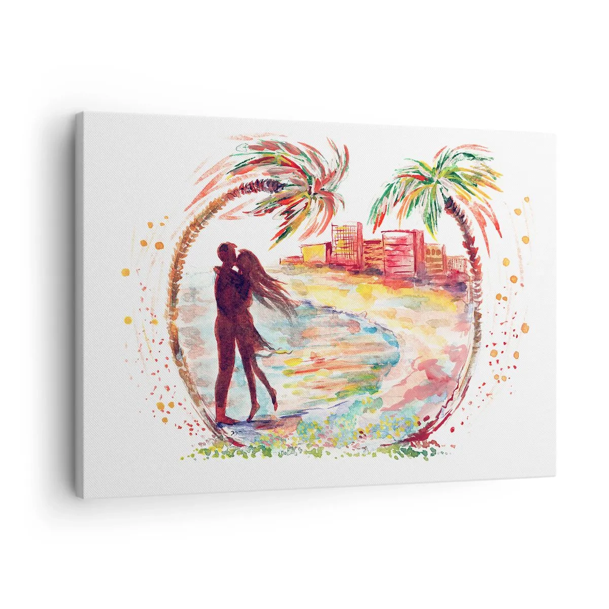 Obraz na plátně - Romantický pár scéna na pláži s palmami v akvarelu - 70x50cm - Romantické prázdniny - Moderní nástěnná dekorace do obývacího pokoje a ložnice ARTTOR