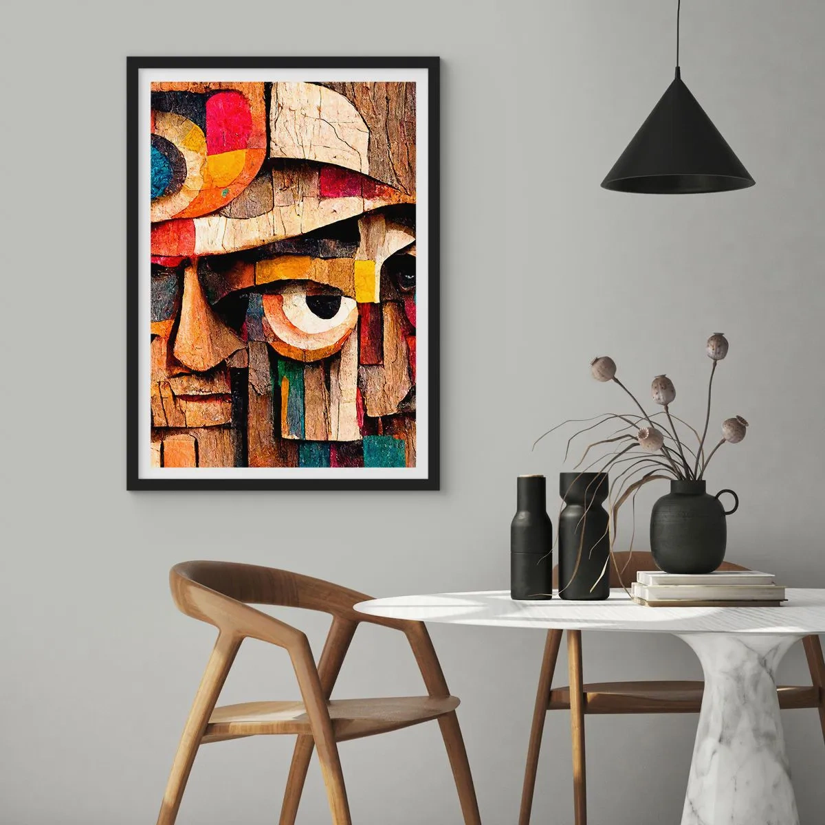 Plakát v černém rámu - Abstraktní obličej vyrobený z barevných dřevěných kostek. - 50x70cm - Vidím tě… - Moderní nástěnná dekorace do obývacího pokoje a ložnice ARTTOR