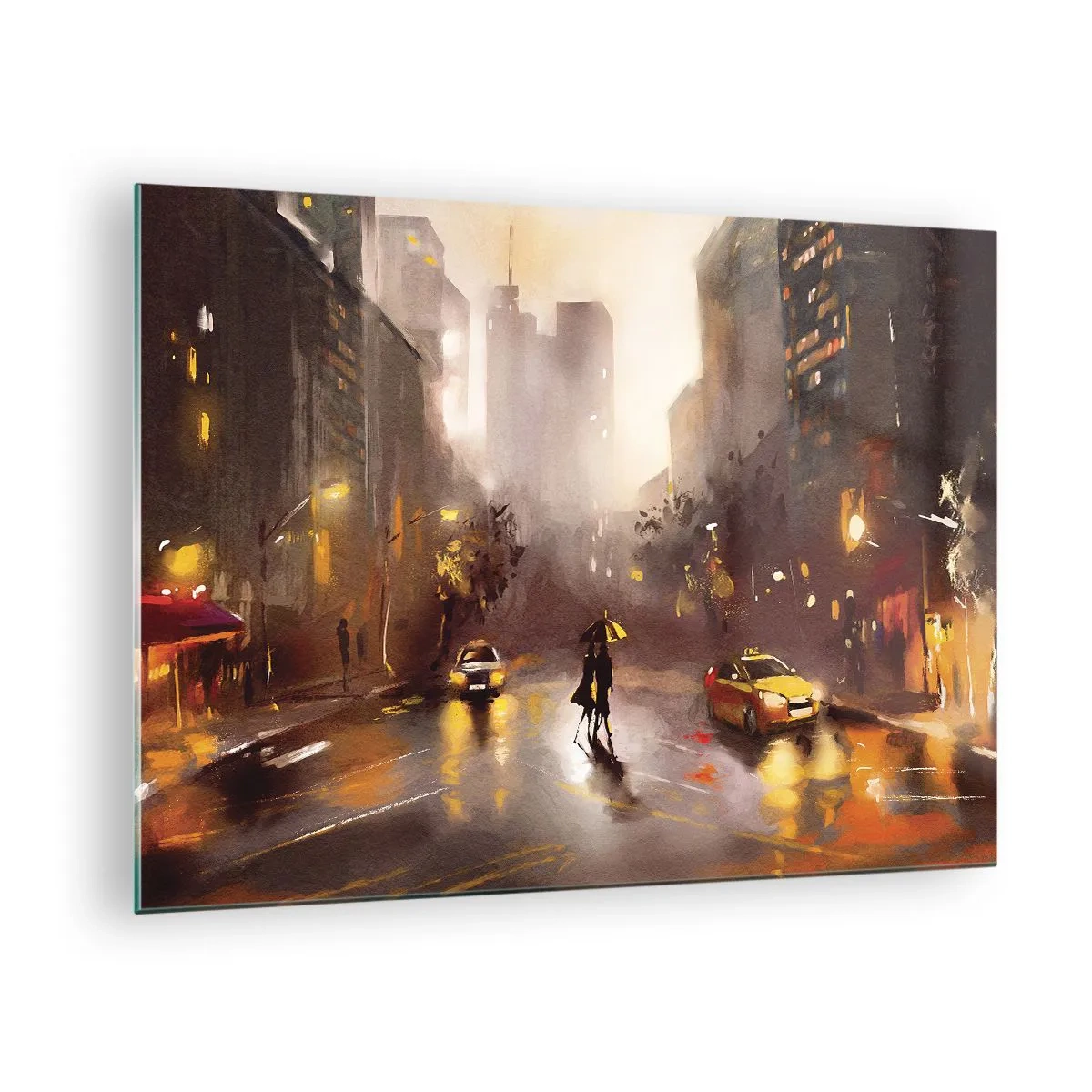 Obraz na skle - Město v noci v dešti s taxíky a siluetou páru - 70x50cm - Ve světlech New Yorku - Moderní nástěnná dekorace do obývacího pokoje a ložnice ARTTOR