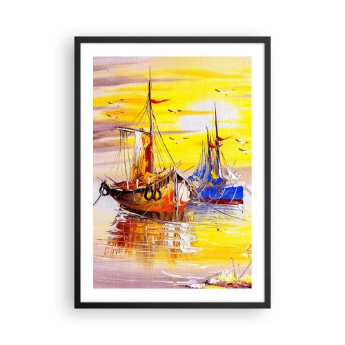 Plakát v černém rámu - Barevné plachetnice při západu slunce - 50x70cm - Zasloužený odpočinek v přístavu - Moderní nástěnná dekorace do obývacího pokoje a ložnice ARTTOR