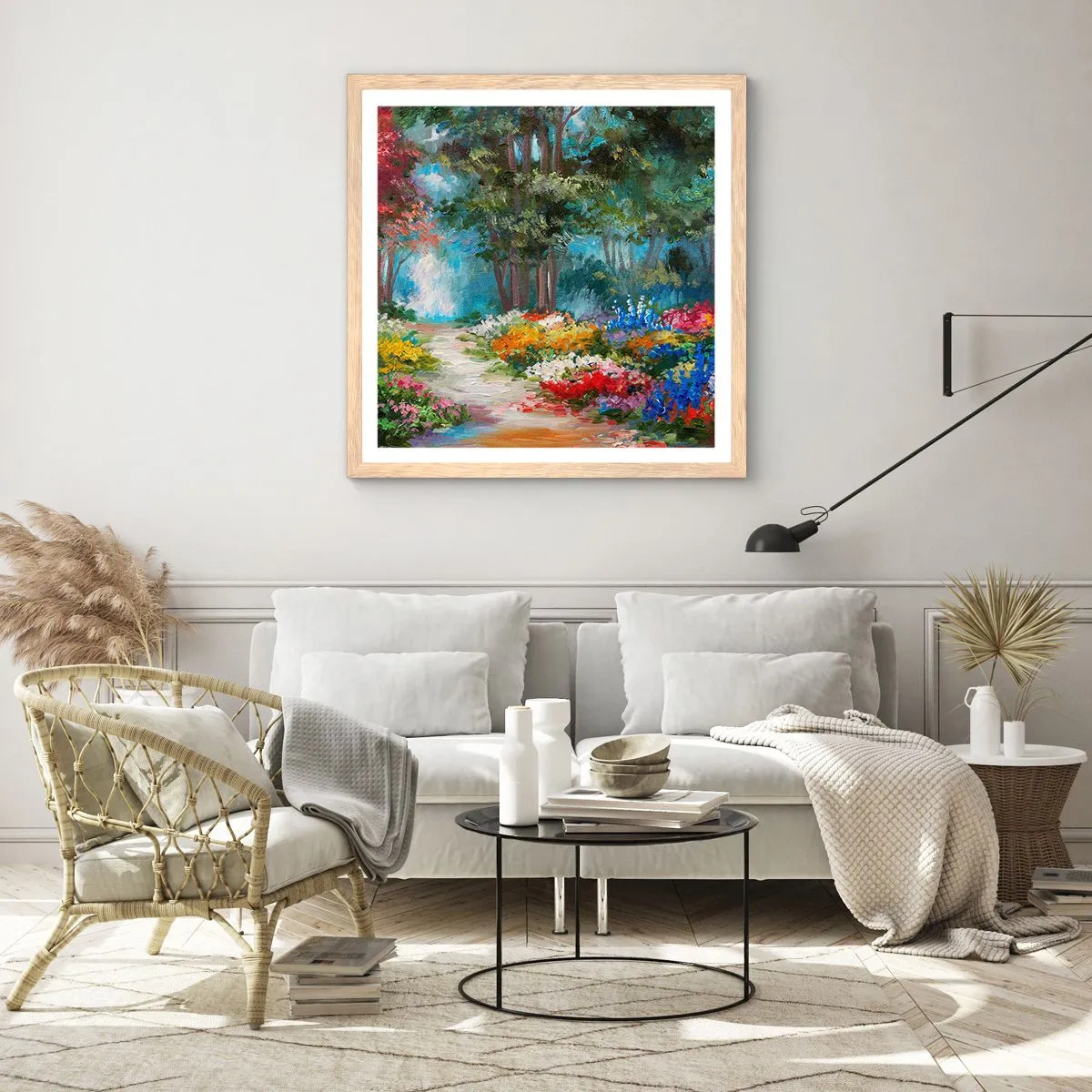 Plakát v rámu světlý dub - Lesní zahrada, květinový les - 30x30 cm
