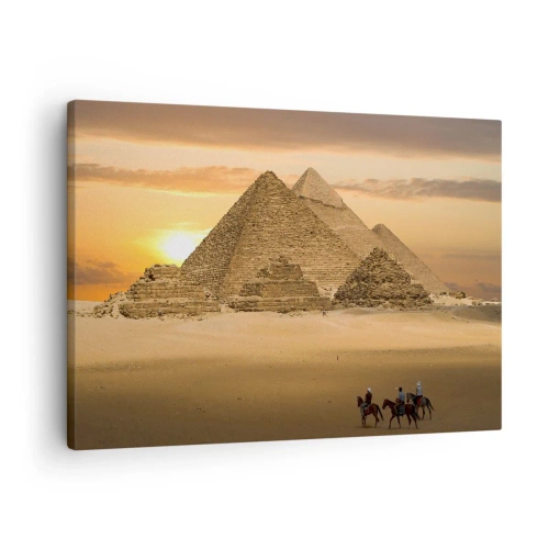 Obraz na plátně - Pyramidy v Egyptě při západu slunce s jezdci na koních - 70x50cm - Beze změn po tisíce let - Moderní nástěnná dekorace do obývacího pokoje a ložnice ARTTOR