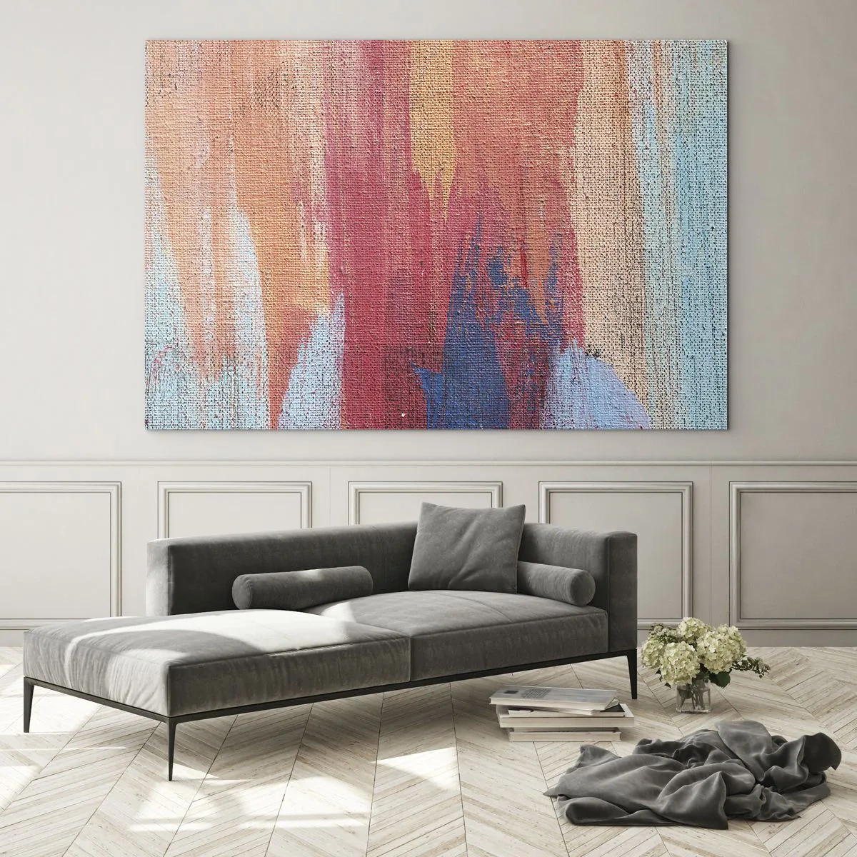 Obraz na skle - Barevné pruhy barvy na struktuře plátna - 70x50cm - Stékat duhou - Moderní nástěnná dekorace do obývacího pokoje a ložnice ARTTOR