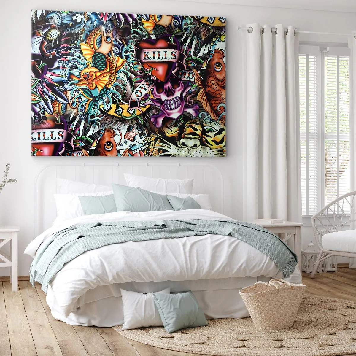 Obraz na plátně - Barevné tetování s lebkami a námořními motivy - 70x50cm - Sen tatéra - Moderní nástěnná dekorace do obývacího pokoje a ložnice ARTTOR