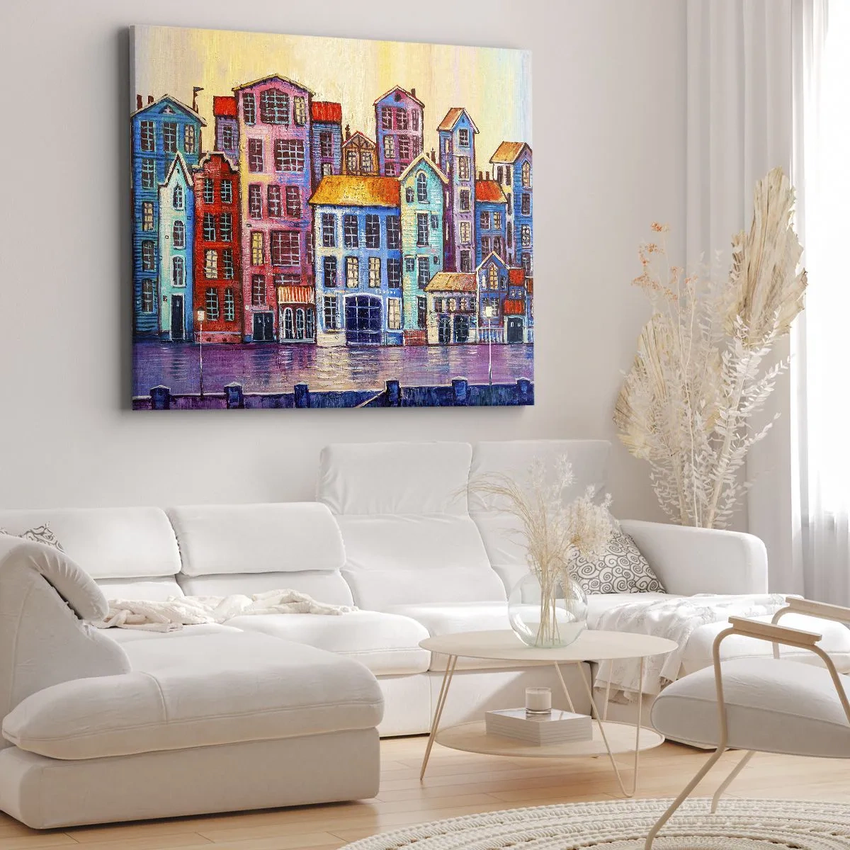 Obraz na plátně - Barevné činžovní domy u vody v uměleckém stylu - 70x50cm - Město jako z pohádky - Moderní nástěnná dekorace do obývacího pokoje a ložnice ARTTOR