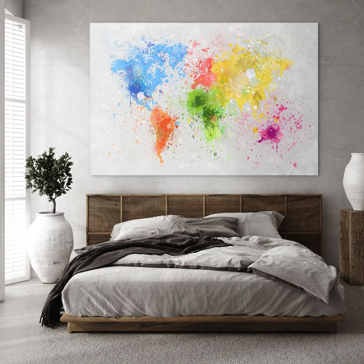 Obraz na skle - Mapa světa v barevných cákanci barvy - 70x50cm - Všechny barvy světa - Moderní nástěnná dekorace do obývacího pokoje a ložnice ARTTOR