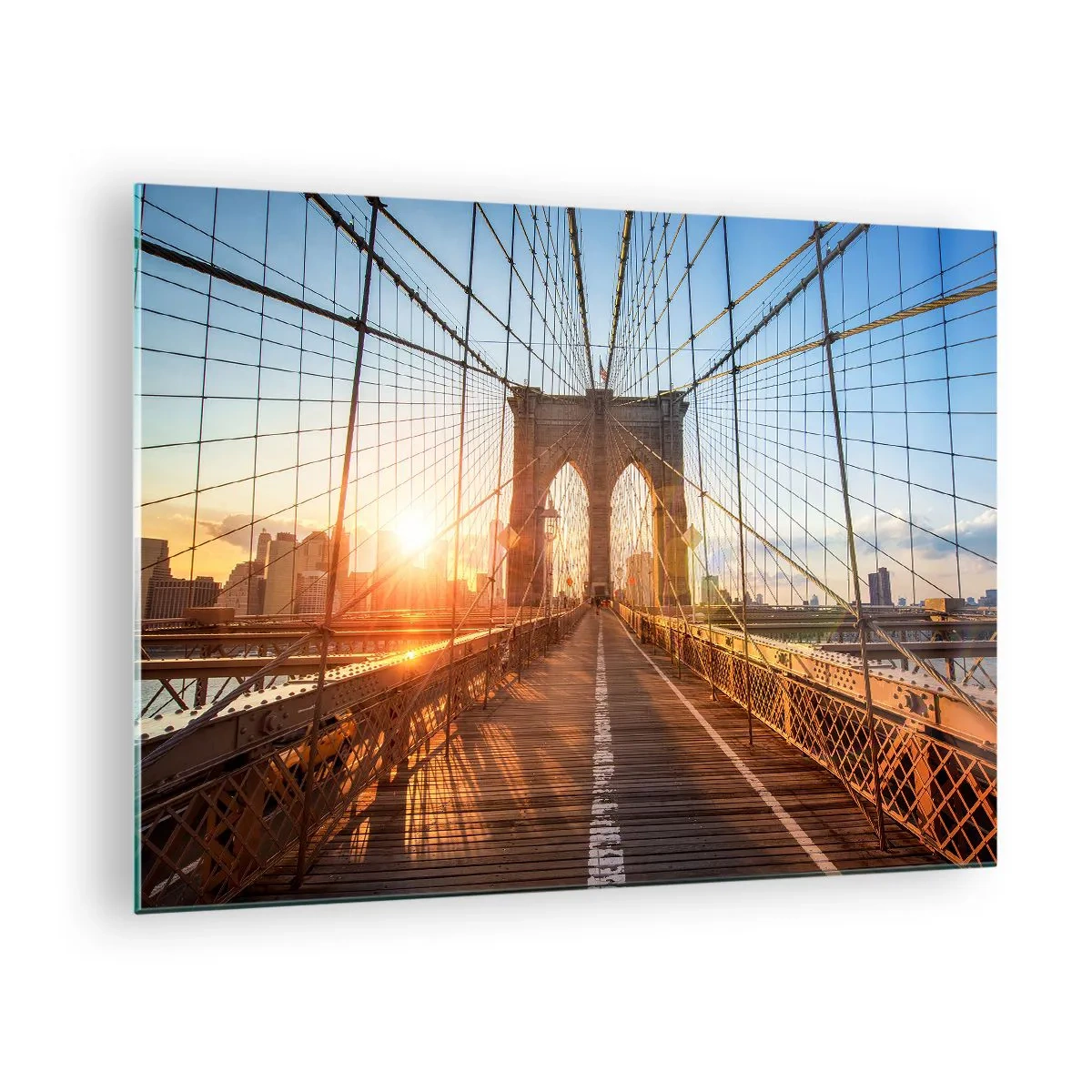 Obraz na skle - Západ slunce na Brooklynském mostě v New Yorku - 70x50cm - Na zlatém mostě - Moderní nástěnná dekorace do obývacího pokoje a ložnice ARTTOR