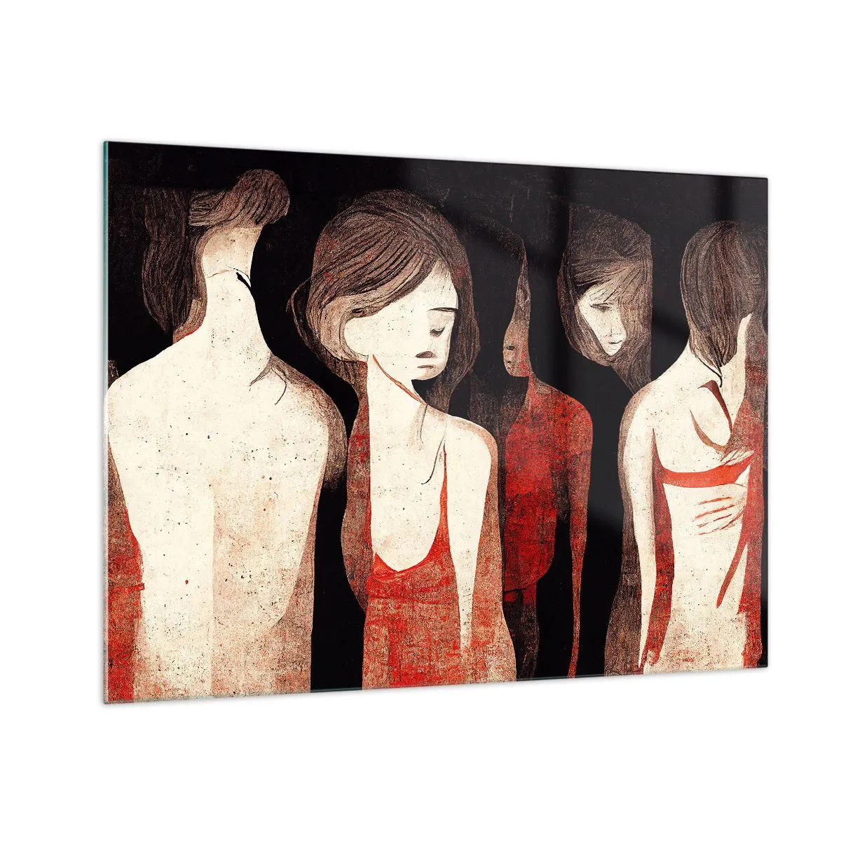 Obraz na skle - Abstraktní ženské siluety v červené barvě na černém pozadí - 70x50cm - Madony z temnoty - Moderní nástěnná dekorace do obývacího pokoje a ložnice ARTTOR