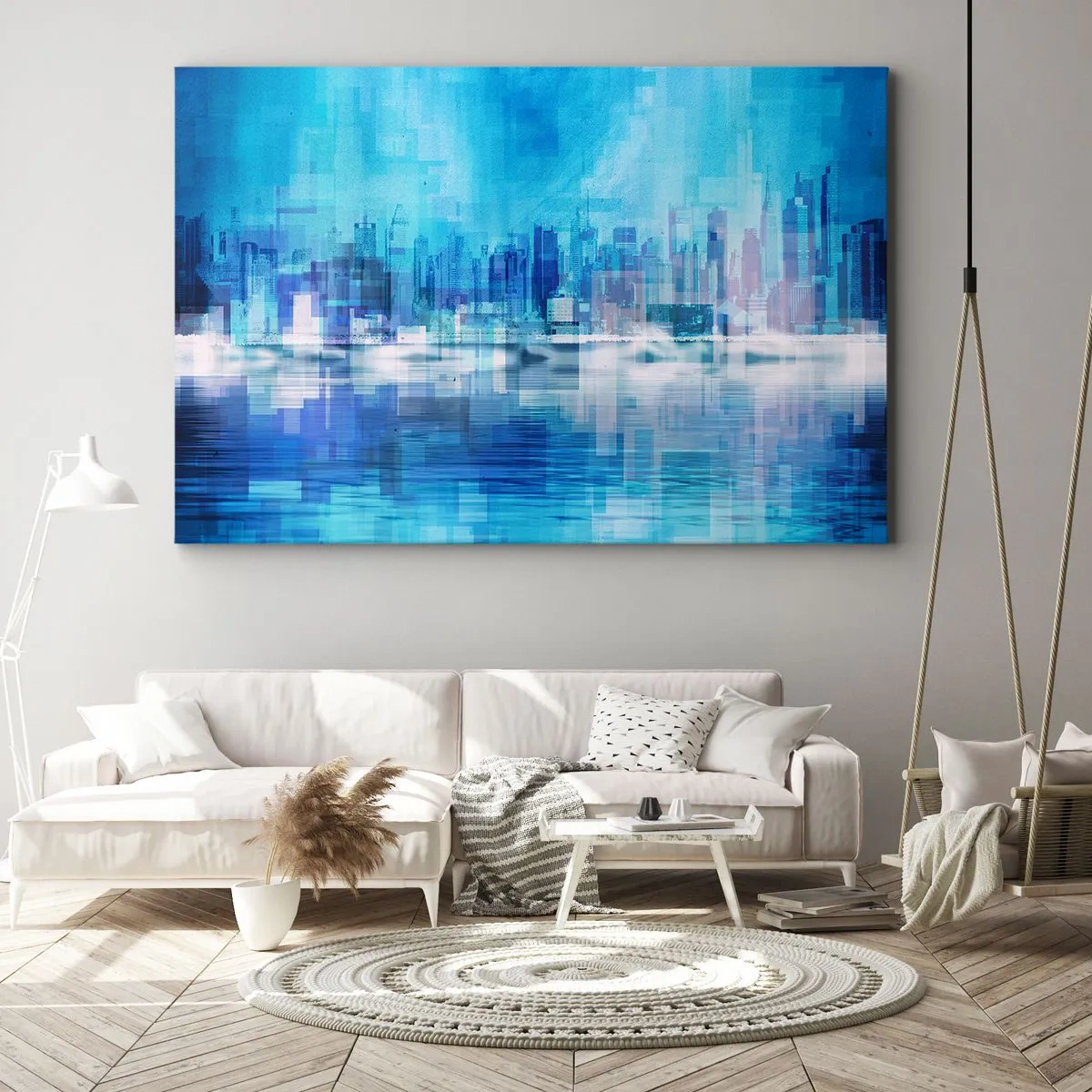 Obraz na plátně - Abstraktní panorama města v odstínech modré - 70x50cm - Utopené v modři - Moderní nástěnná dekorace do obývacího pokoje a ložnice ARTTOR