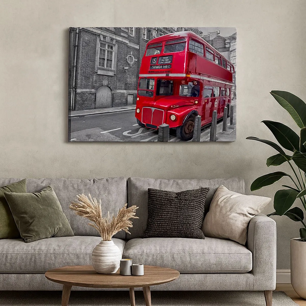 Obraz na plátně - Červený dvoupatrový autobus v Londýně na pozadí klasické architektury - 70x50cm - Vždy stejný - Moderní nástěnná dekorace do obývacího pokoje a ložnice ARTTOR