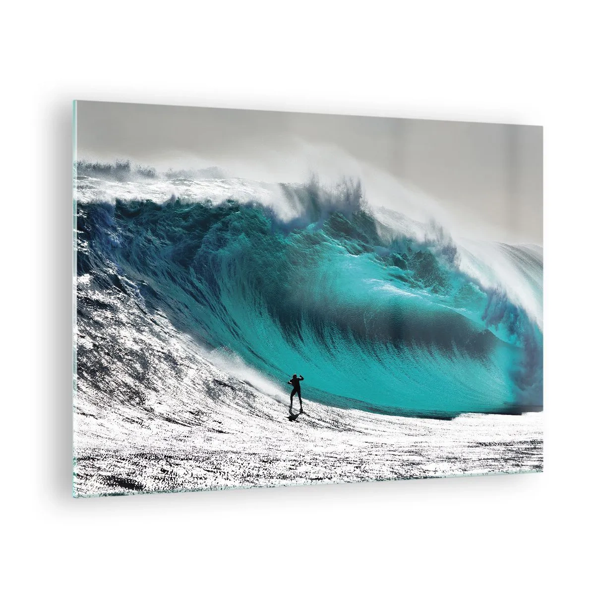 Obraz na skle - Surfař před obrovskou vlnou - 70x50cm - Výzva přijata - Moderní nástěnná dekorace do obývacího pokoje a ložnice ARTTOR
