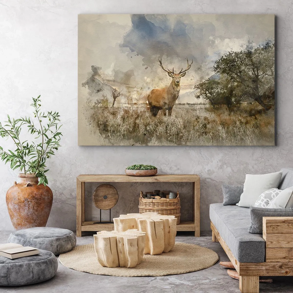 Obraz na plátně - Jelen v přírodním prostředí ve stylu akvarelu - 70x50cm - Důstojnost - síla - majestátnost - Moderní nástěnná dekorace do obývacího pokoje a ložnice ARTTOR