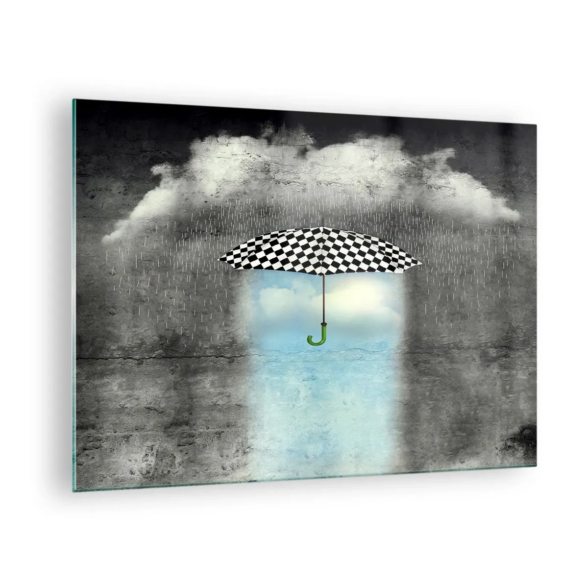Obraz na skle - Černobílý kostkovaný deštník na pozadí deště a mraků - 70x50cm - A přece je to možné - Moderní nástěnná dekorace do obývacího pokoje a ložnice ARTTOR