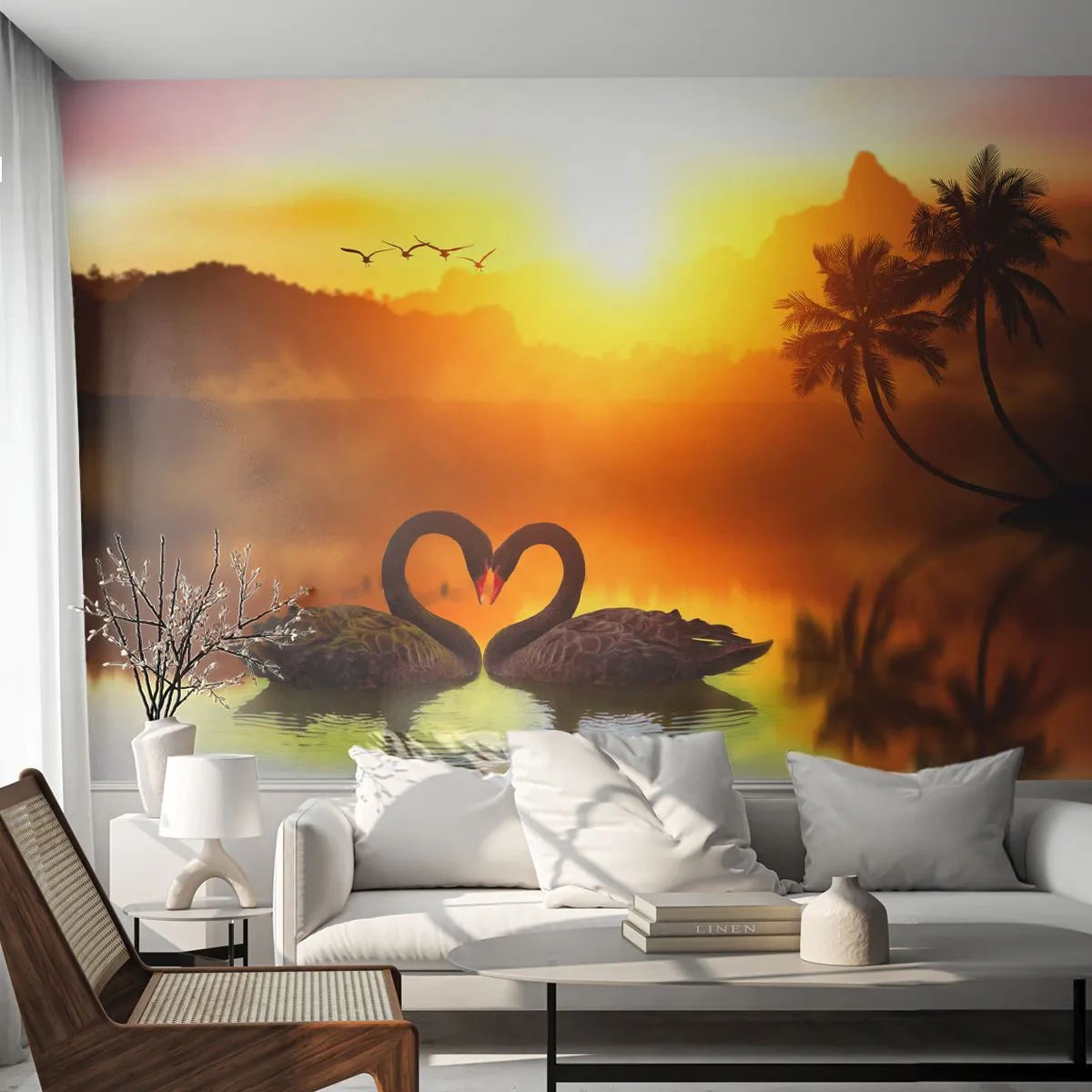 Fototapeta Samolepicí Deluxe Sticker - Všechno do páru - Srdce, labutě, Kokosová palma - 250x175 cm