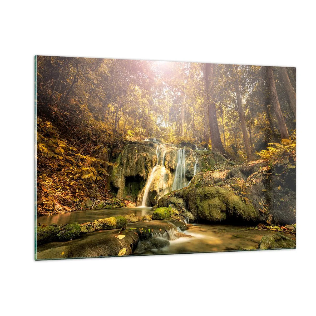 Obraz na skle - Lesní vodopád v zelené - 120x80 cm
