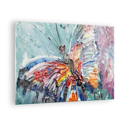 Obraz na skle - Barevný motýl v abstraktním stylu na modrém pozadí - 70x50cm - Namalovaný přírodou - Moderní nástěnná dekorace do obývacího pokoje a ložnice ARTTOR