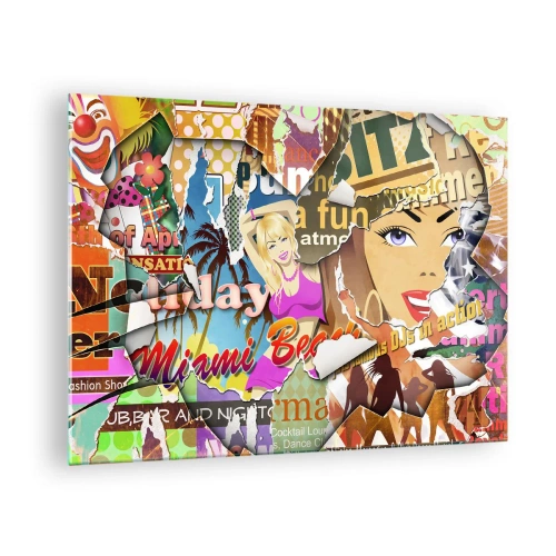 Obraz na skle - Barevná retro koláž s plakáty a grafikou - 70x50cm - Prázdninové retrospektiva - Moderní nástěnná dekorace do obývacího pokoje a ložnice ARTTOR