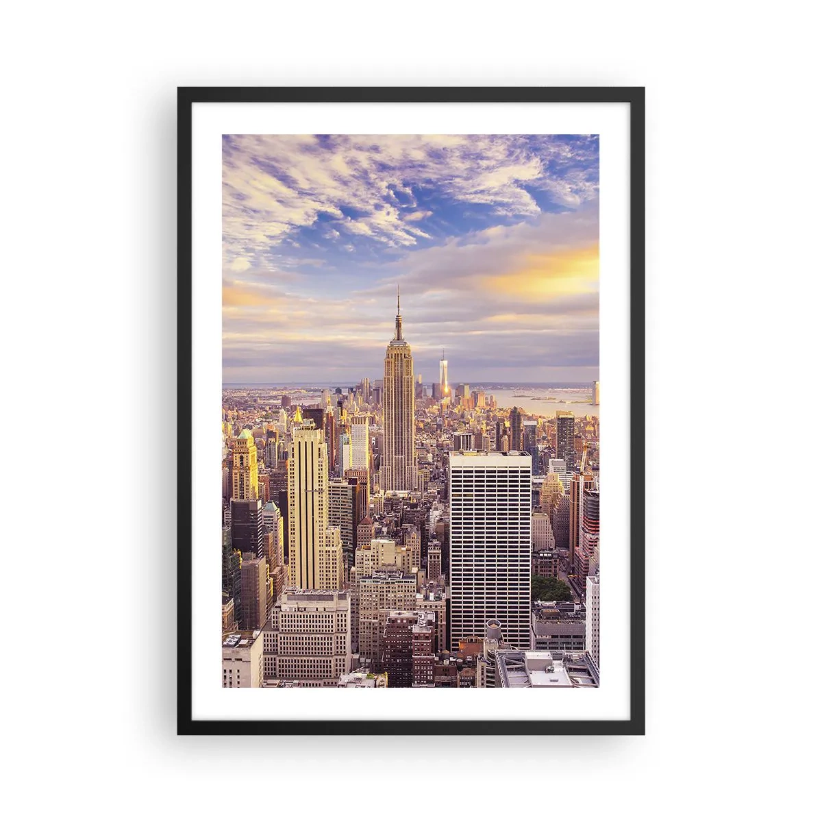 Plakát v černém rámu - Panorama New Yorku z Empire State Building při západu slunce - 50x70cm - Dosáhnout samotná oblaka - Moderní nástěnná dekorace do obývacího pokoje a ložnice ARTTOR