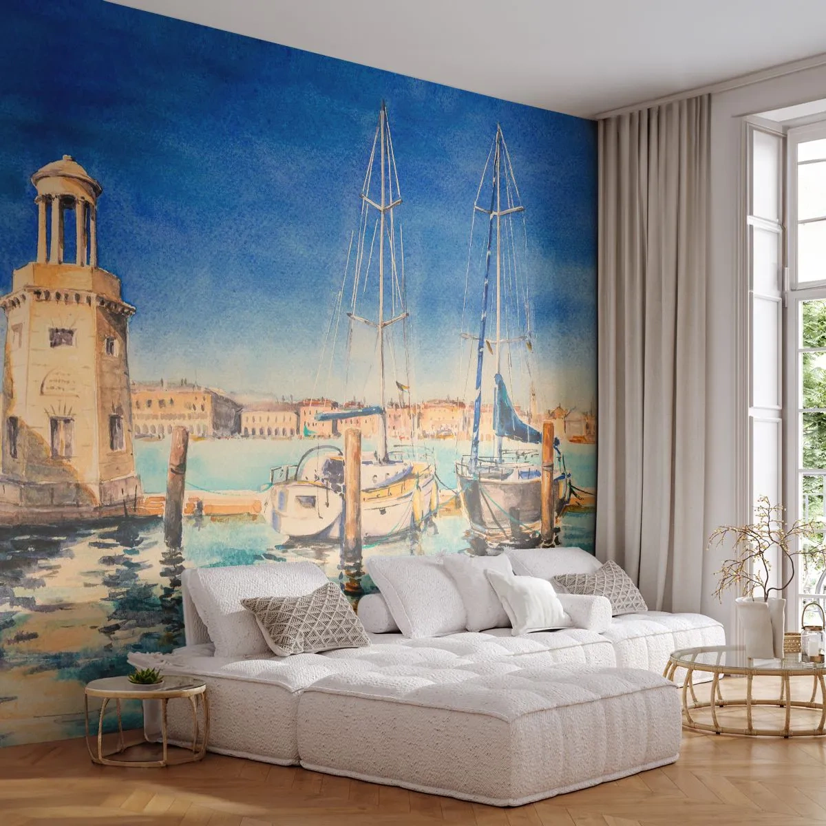 Fototapeta Premium Canvas - Slunečná laguna - Přístav, Krajina, Maják - 500x350 cm