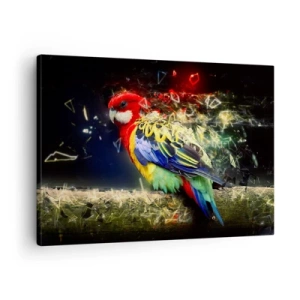 Obraz na plátně - Papoušek v živých barvách na pozadí světelných efektů - 70x50cm - Posel záře - Moderní nástěnná dekorace do obývacího pokoje a ložnice ARTTOR