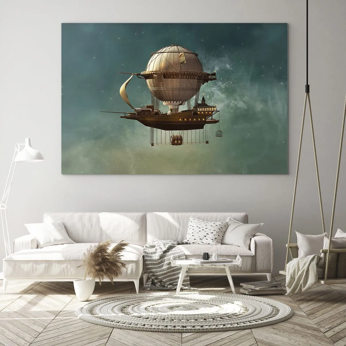 Obraz na skle - Létající vzducholoď s domem v retro stylu na obloze - 70x50cm - Julius Verne zdraví - Moderní nástěnná dekorace do obývacího pokoje a ložnice ARTTOR