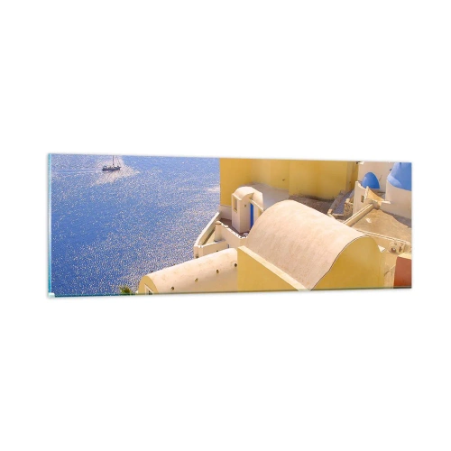 Obraz na skle - Řecká krajina v bílé a blankytné - 90x30 cm