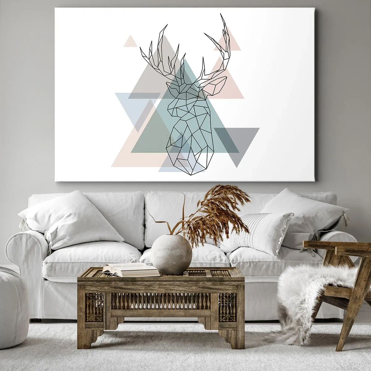 Obraz na plátně - Geometrický jelen na pozadí pastelových trojúhelníků - 70x50cm - V geometrickém lese - Moderní nástěnná dekorace do obývacího pokoje a ložnice ARTTOR