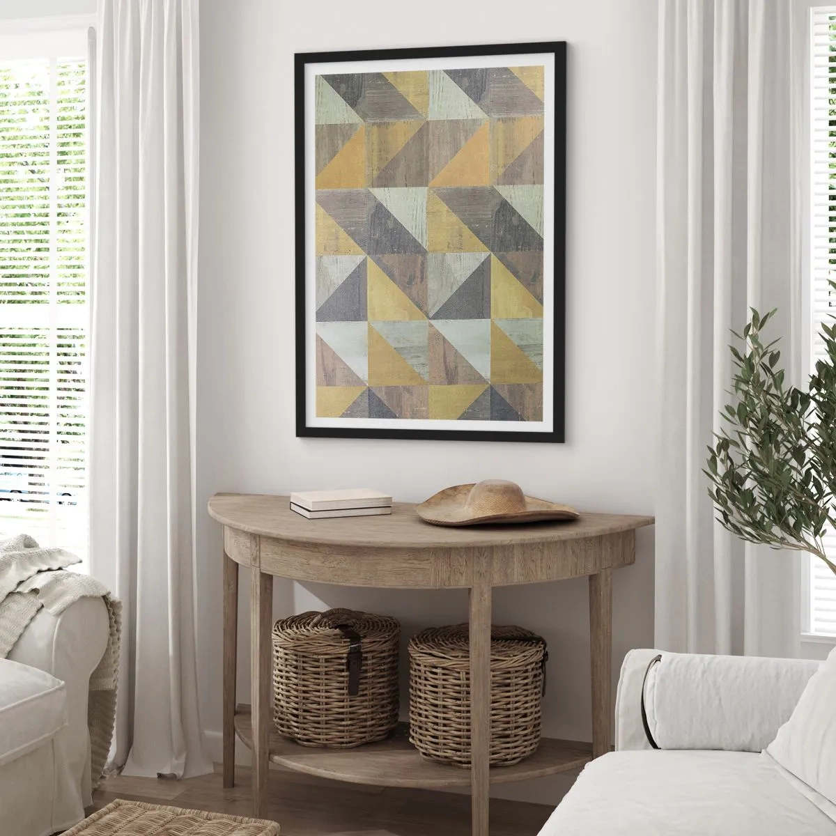 Plakát v černém rámu - Geometrický vzor v odstínech zlaté a šedé - 50x70cm - V úhlu trojúhelníku - Moderní nástěnná dekorace do obývacího pokoje a ložnice ARTTOR