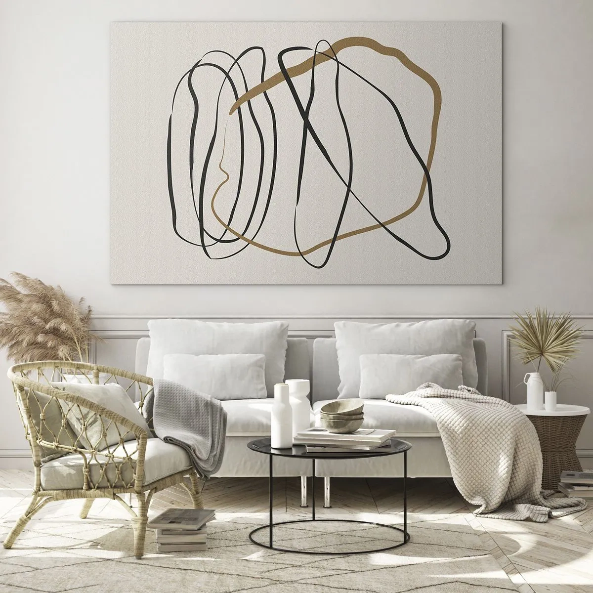 Obraz na skle - Expresivní kompozice čar v černé a hnědé barvě na světlém pozadí. - 70x50cm - Kompozice – tanec ve smyčce - Moderní nástěnná dekorace do obývacího pokoje a ložnice ARTTOR