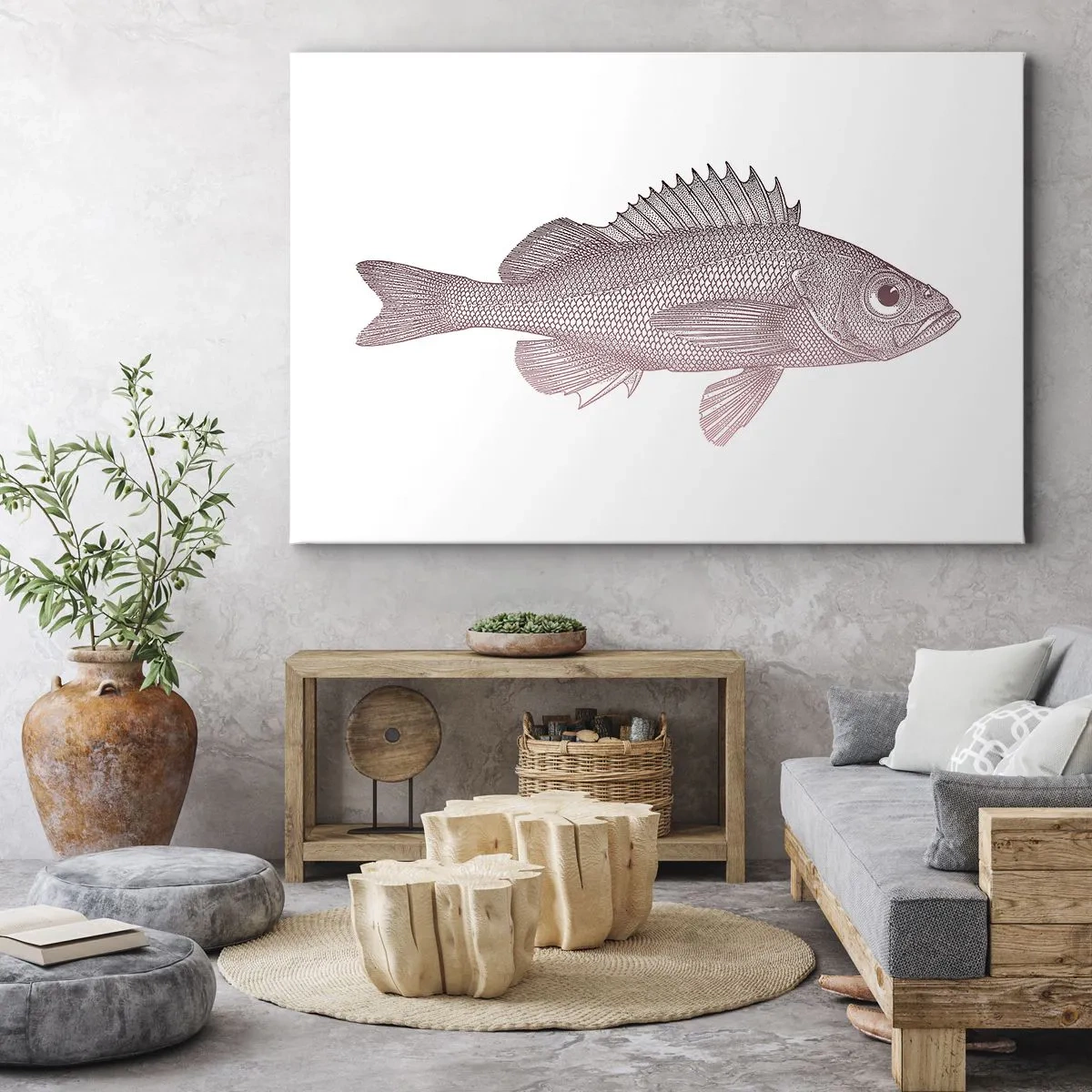 Obraz na plátně - Detailní ilustrace ryby na bílém pozadí - 70x50cm - Ryba s velkýma očima - Moderní nástěnná dekorace do obývacího pokoje a ložnice ARTTOR