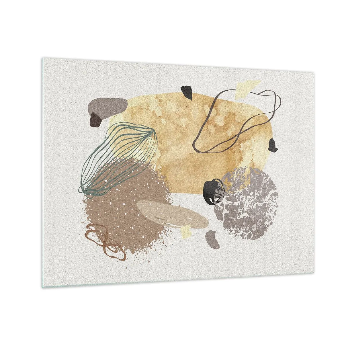 Obraz na skle - Béžová a hnědá abstrakce s nepravidelnými tvary - 70x50cm - Abstraktní švestka - Moderní nástěnná dekorace do obývacího pokoje a ložnice ARTTOR
