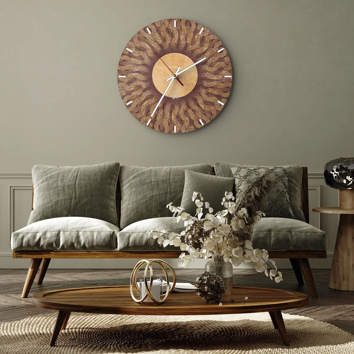 Nástěnné hodiny - Sluneční hodiny se zářivým vzorem v teplých barvách - 30x30cm - Ikona slunce - Moderní nástěnná dekorace do obývacího pokoje, kuchyně a ložnice ARTTOR