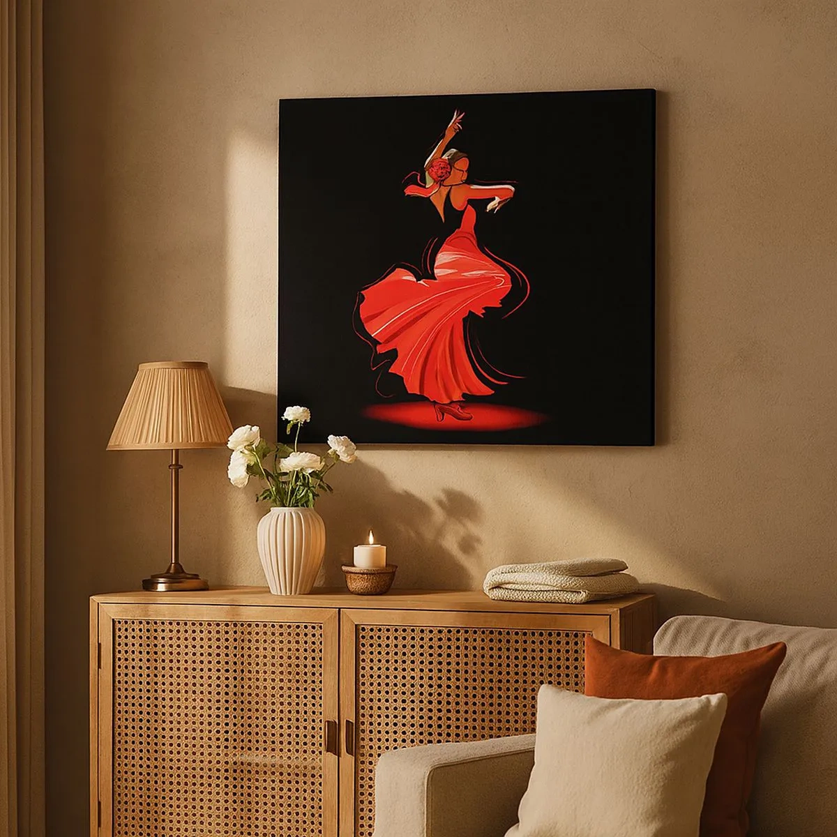 Obraz na plátně - Flamenco tanečnice v červených šatech na černém pozadí - 70x50cm - Žhavá duše flamenco - Moderní nástěnná dekorace do obývacího pokoje a ložnice ARTTOR