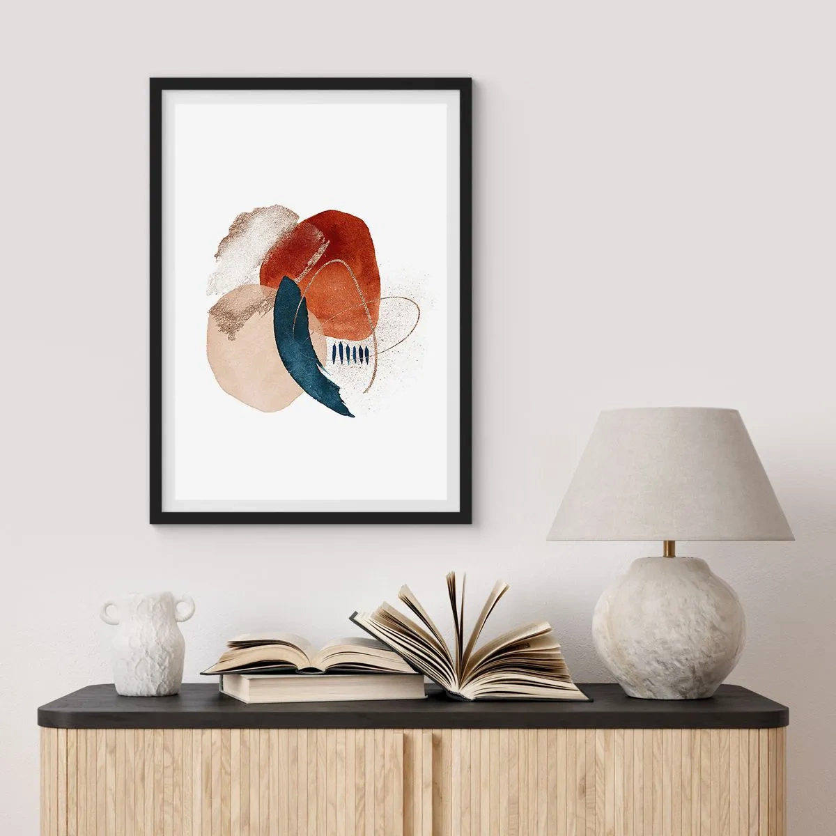 Plakát v černém rámu - Abstraktní oválná kompozice v teplých barvách - 50x70cm - Oválná kompozice - Moderní nástěnná dekorace do obývacího pokoje a ložnice ARTTOR
