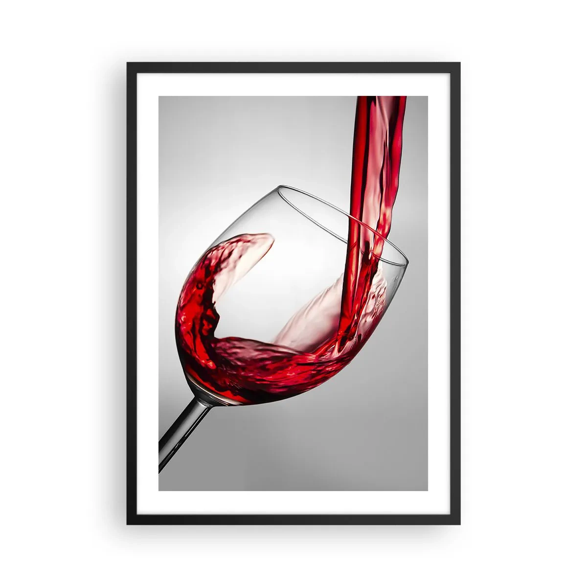 Plakát v černém rámu - Červené víno nalévané do sklenice - 50x70cm - Barva - pohyb - zvuk - Moderní nástěnná dekorace do obývacího pokoje a ložnice ARTTOR