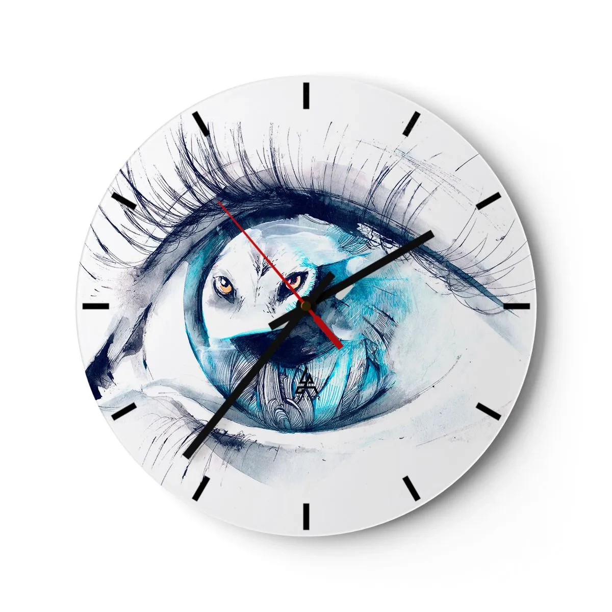 Nástěnné hodiny - Umělecký motiv vlčího oka v odstínech modré a bílé - 30x30cm - Z očí do očí s divočinou - Moderní nástěnná dekorace do obývacího pokoje, kuchyně a ložnice ARTTOR