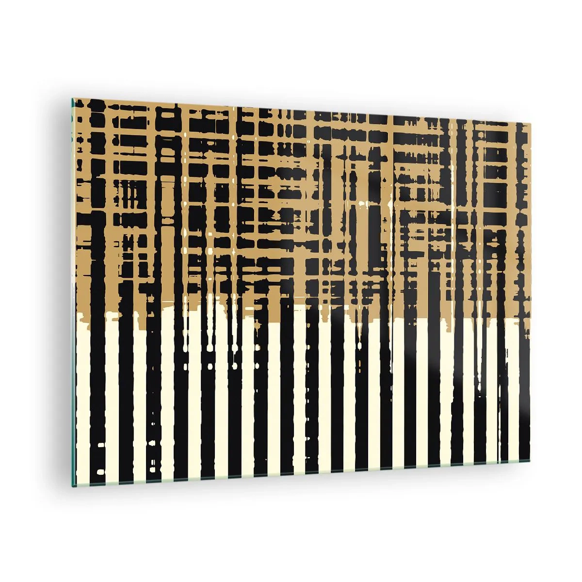 Obraz na skle - Geometrické pruhy a linie v odstínech černé a zlaté - 70x50cm - Architektonická abstrakce - Moderní nástěnná dekorace do obývacího pokoje a ložnice ARTTOR