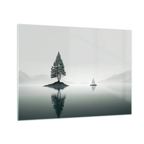 Obraz na skle - Osamělý strom na ostrově a plachetnice na klidném jezeře - 70x50cm - Snění - Moderní nástěnná dekorace do obývacího pokoje a ložnice ARTTOR
