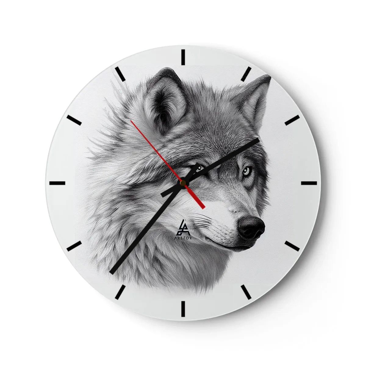 Nástěnné hodiny - Černobílý portrét vlka s pronikavým pohledem. - 30x30cm - Alfa – bezpochybně - Moderní nástěnná dekorace do obývacího pokoje, kuchyně a ložnice ARTTOR