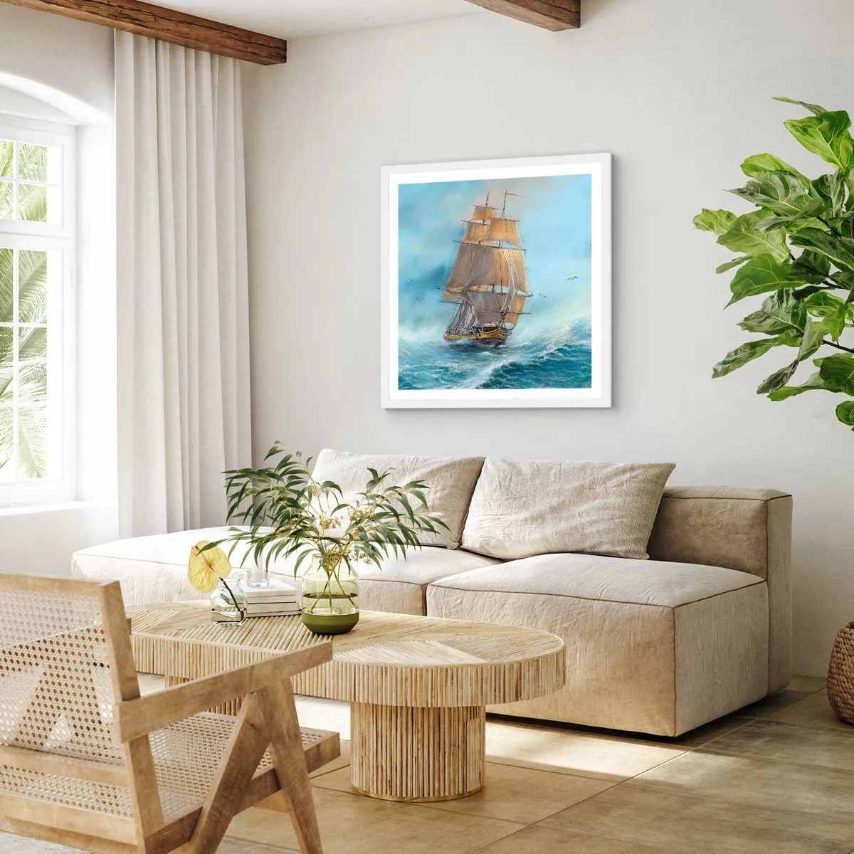 Plakát v bílém rámu - Běžící po vlnách - 60x60 cm