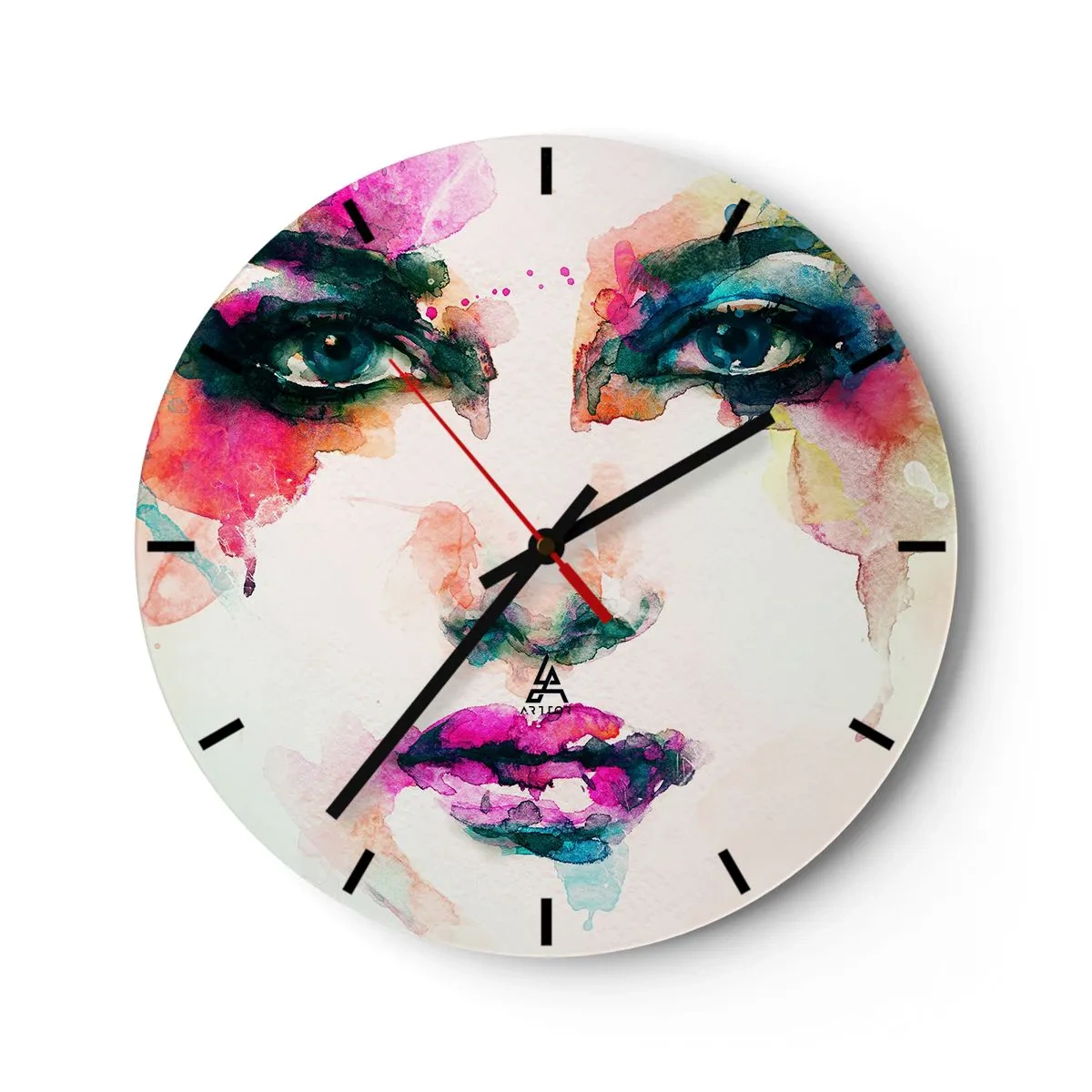 Nástěnné hodiny - Barevný portrét ženy ve stylu akvarelu, intenzivní barvy - 30x30cm - Portrét malovaný duhou - Moderní nástěnná dekorace do obývacího pokoje, kuchyně a ložnice ARTTOR