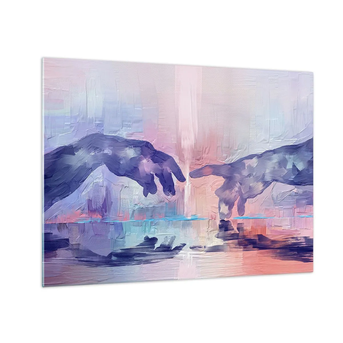 Obraz na skle - Abstraktní ruce se k sobě blíží na pastelovém pozadí. - 70x50cm - Božská jiskra života - Moderní nástěnná dekorace do obývacího pokoje a ložnice ARTTOR