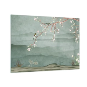 Obraz na skle - Větev s květinami a ptáky na pozadí zelených kopců - 70x50cm - Jaro je tady - Moderní nástěnná dekorace do obývacího pokoje a ložnice ARTTOR