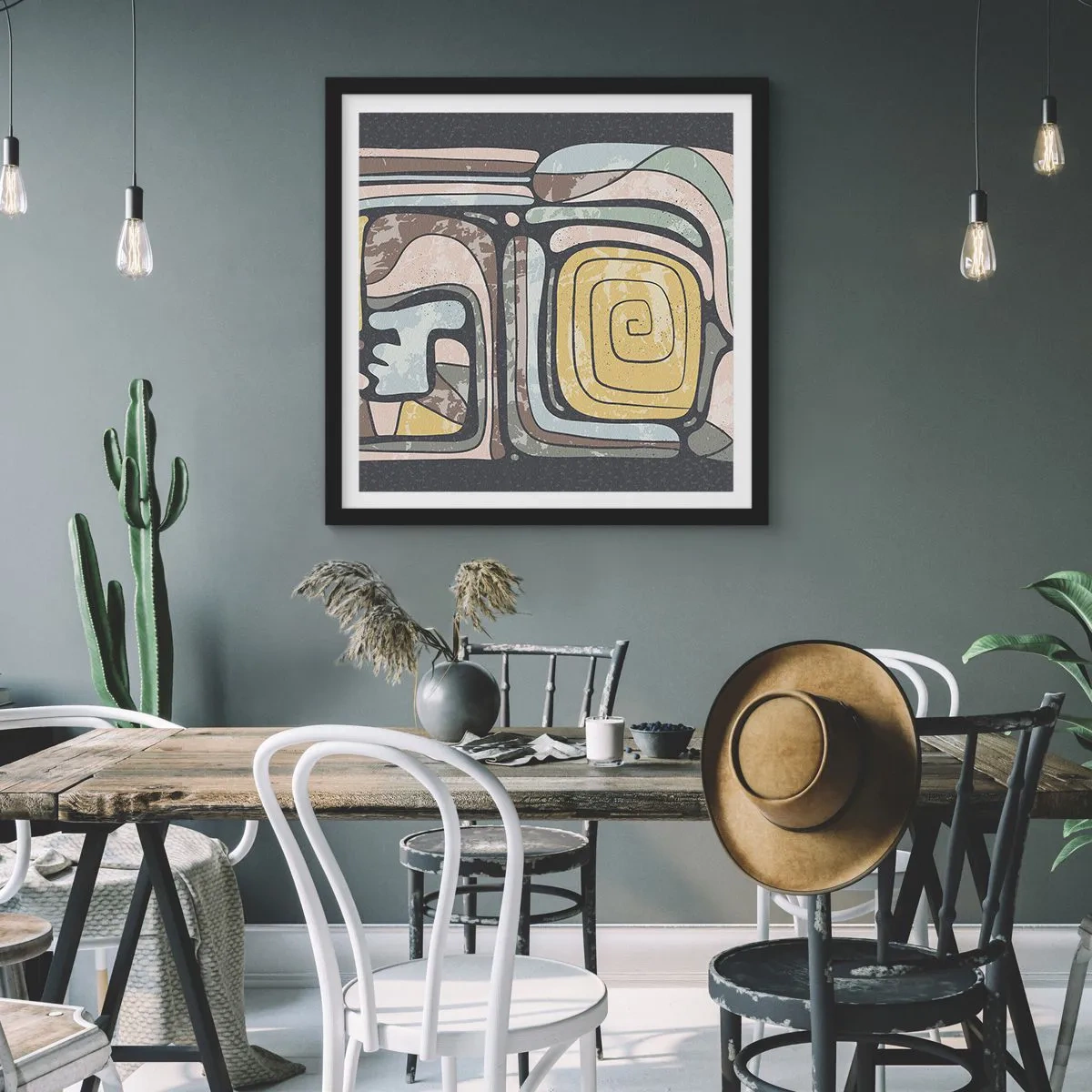 Plakát v černém rámu - Abstrakce v předkolumbovském duchu - 60x60 cm