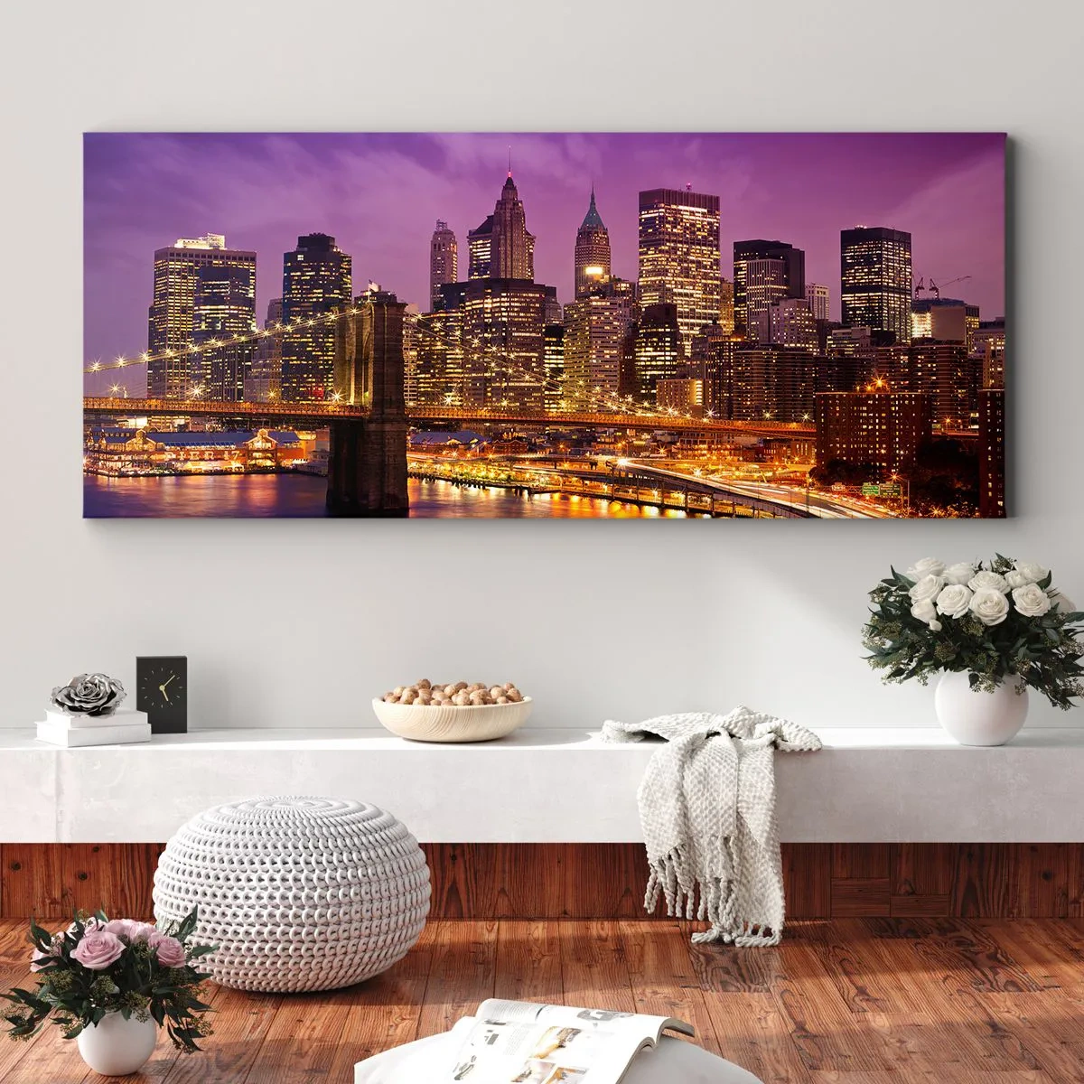 Obraz na plátně - Fialovo-zlatý Manhattan - 100x40 cm