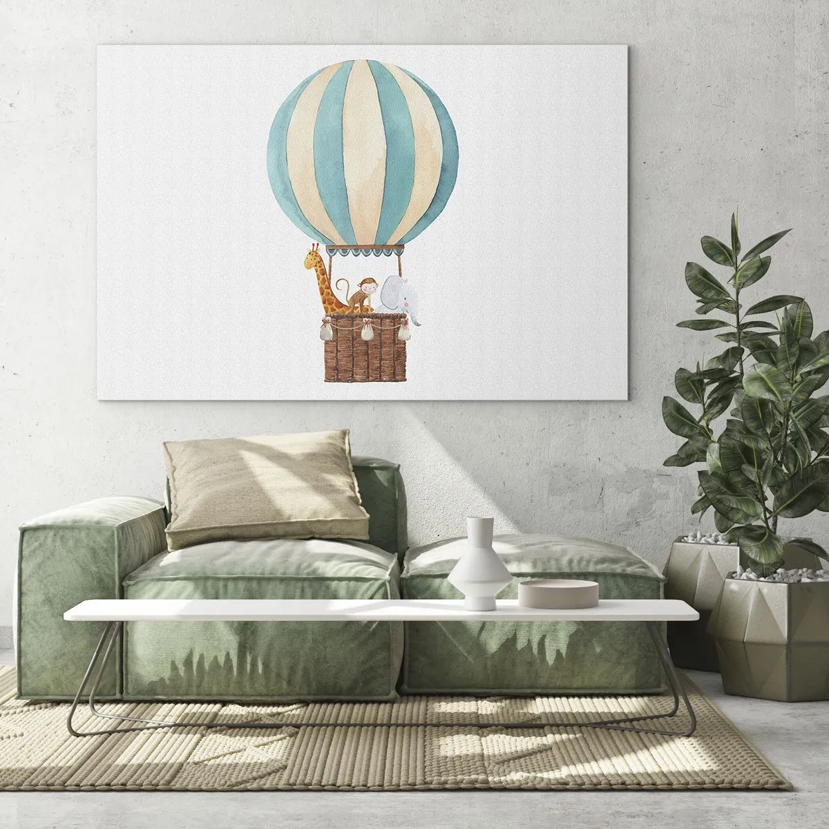 Obraz na skle - Balónek s žirafou, opicí a slonem na bílém pozadí - 70x50cm - Fantastický výlet - Moderní nástěnná dekorace do obývacího pokoje a ložnice ARTTOR