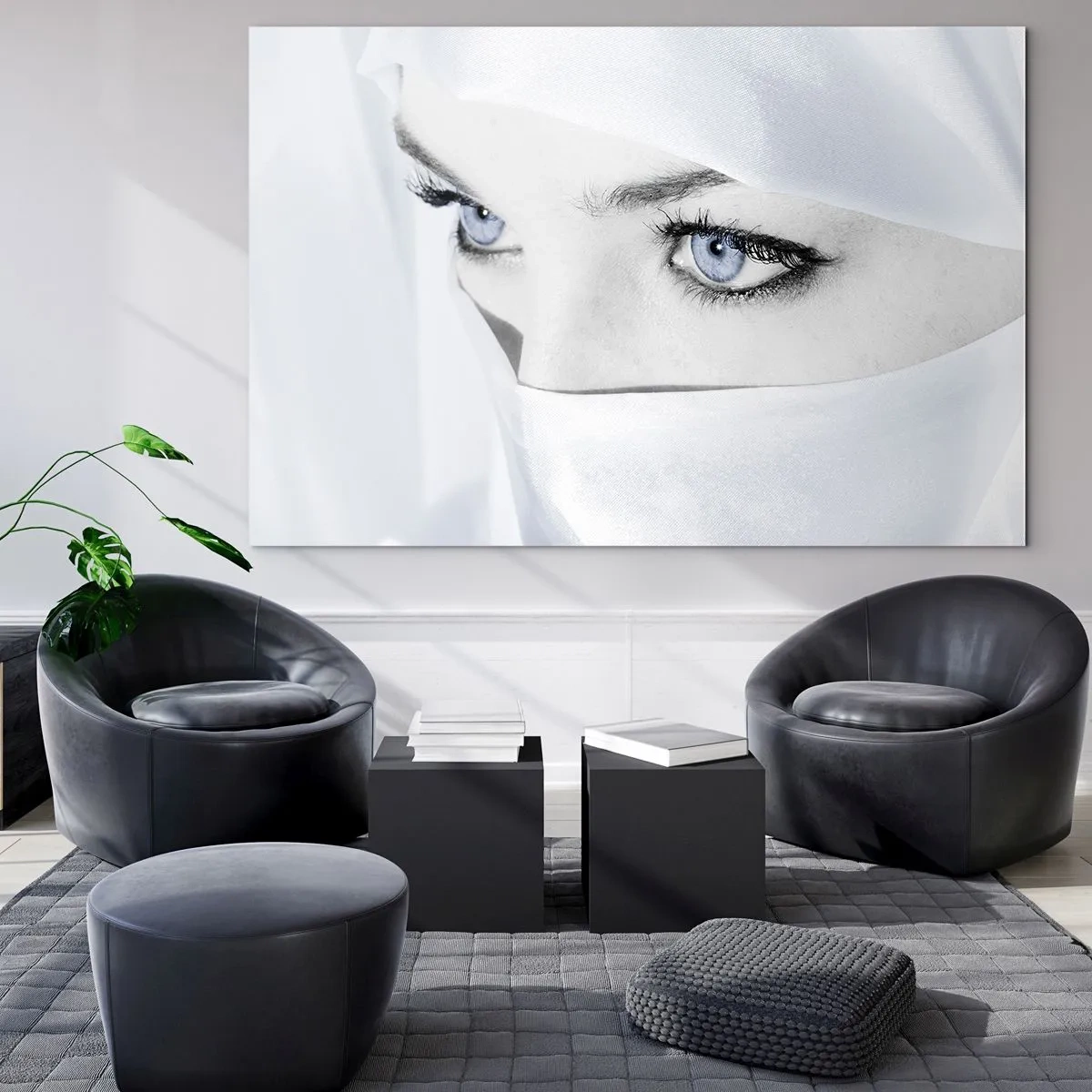 Obraz na skle - Jemný portrét s výraznýma modrýma očima - 70x50cm - Přímo z tisíce a jedné noci - Moderní nástěnná dekorace do obývacího pokoje a ložnice ARTTOR