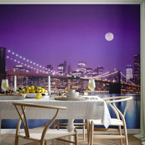 Fototapeta Premium Canvas - Světla velkoměsta ve fialové - Město, New York, Brooklynský most - 100x70 cm